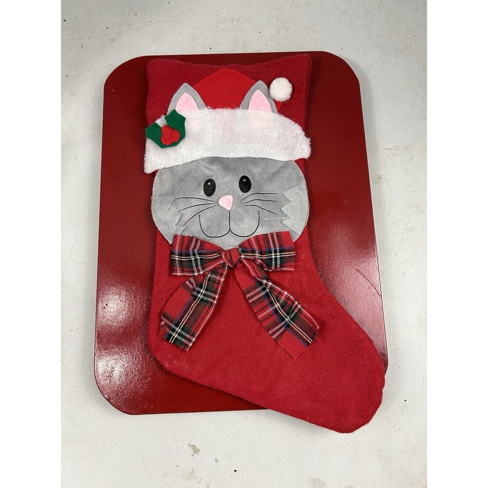 Cat Plaid Bow & Fuzzy Hat Christmas Stocking Decorative Felt